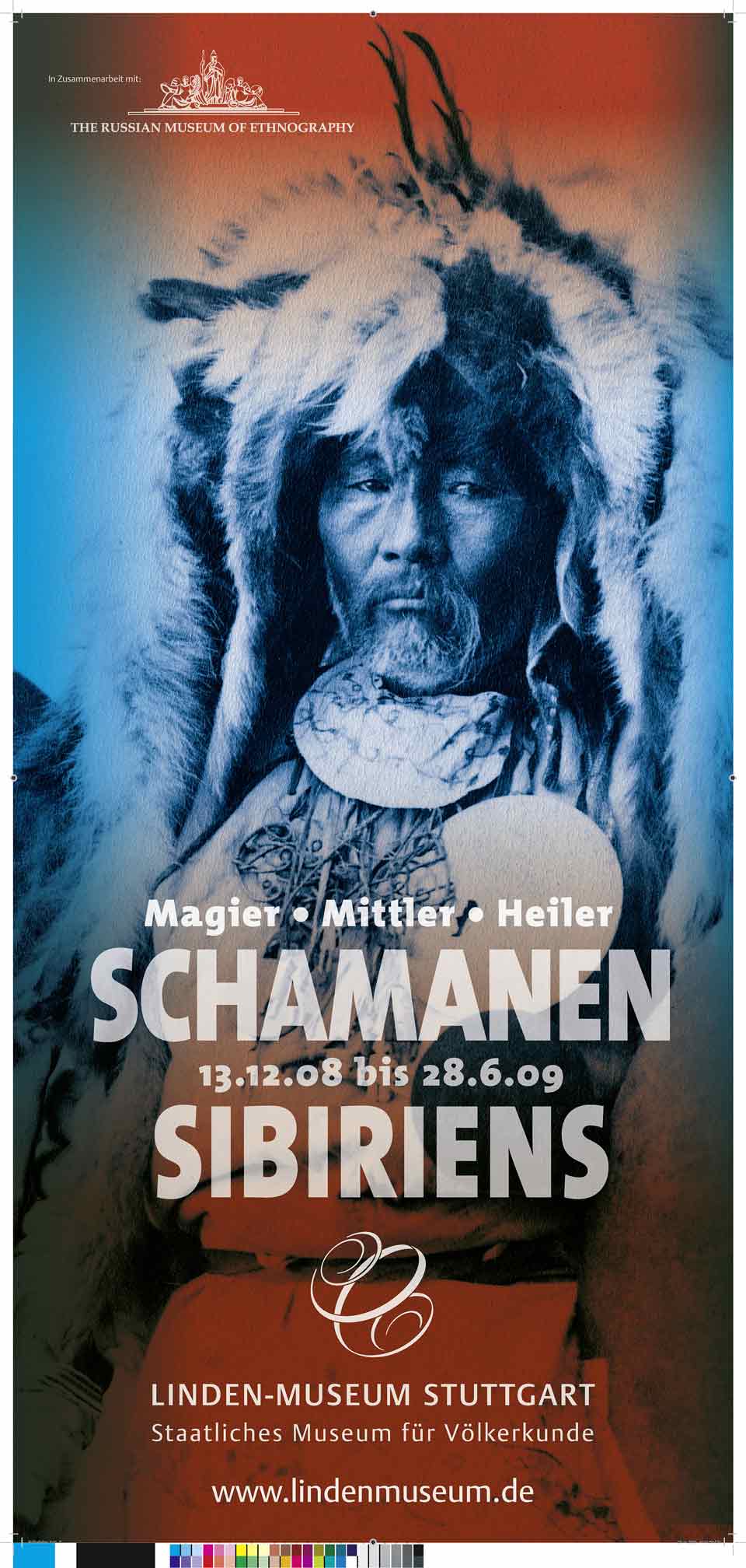 Außenfahne zur Ausstellung, etwa 4 m hoch 170522 Schamanen Außenfahne