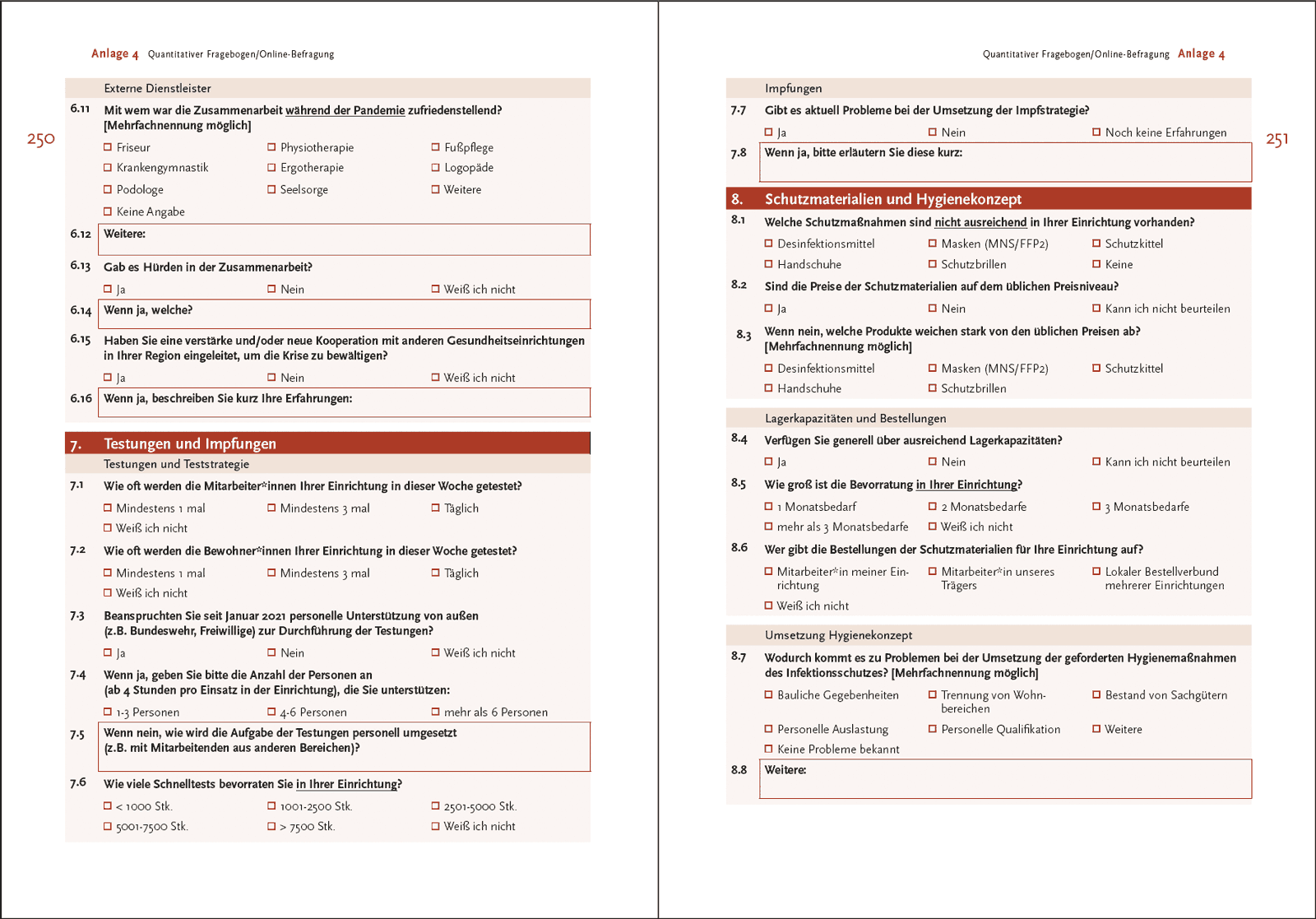 Im Anhang des Buches befindet sich für interessierte EInrichtungen ein umfangreicher Fragebogen. Doppelseite Quantitativer Fragebogen