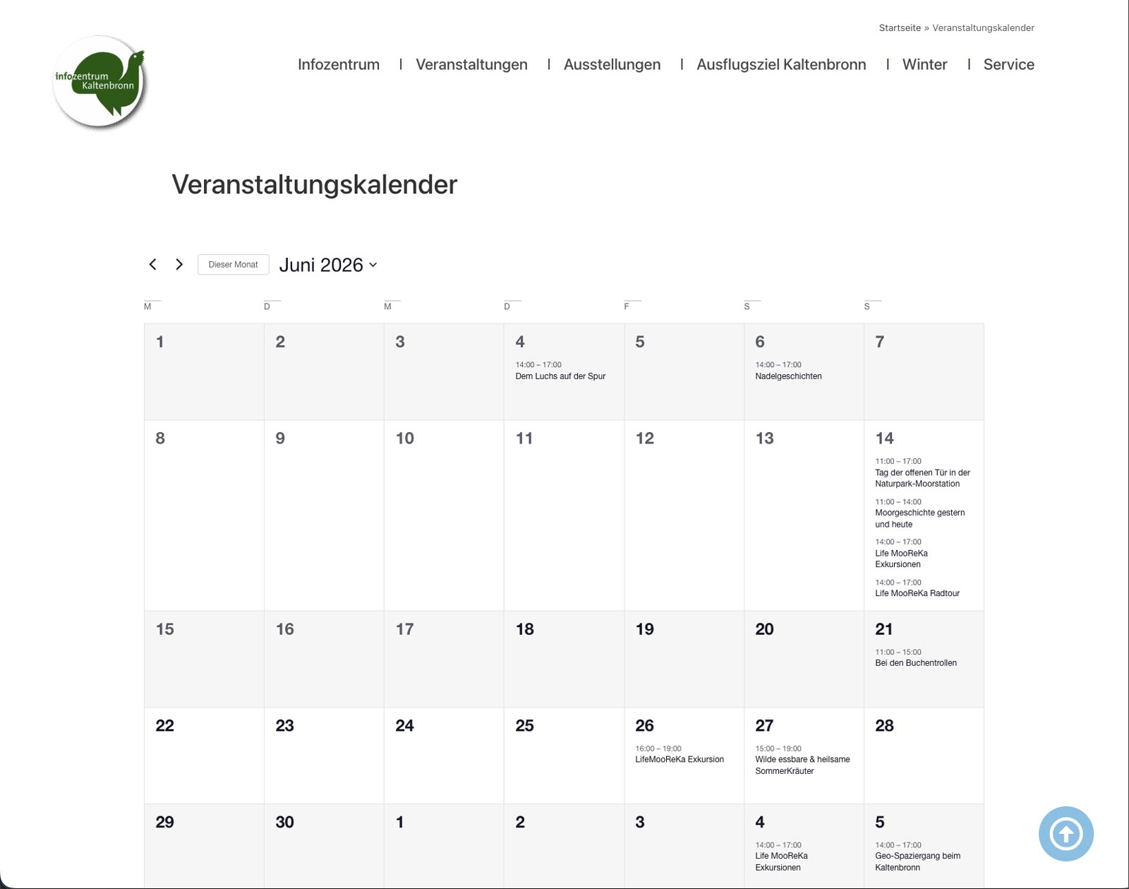 Veranstaltungskalender mit direkten Verweisen auf Veranstaltungen des Hauses mit Buchungsfunktion