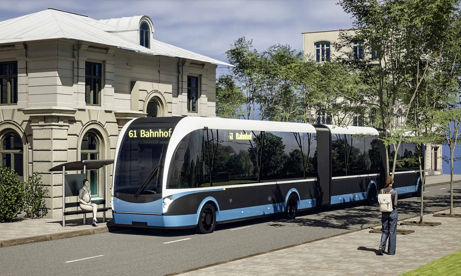 Doppelgelenkbus urbanes Umfeld an Haltestelle