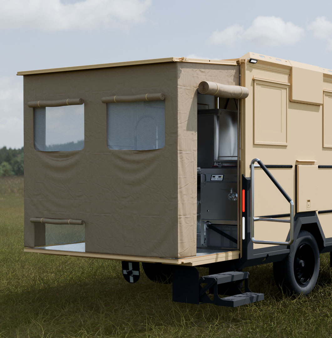 Bespannung des aufgeklappten Trailers, Zugänge, Öffnung für Transportbox