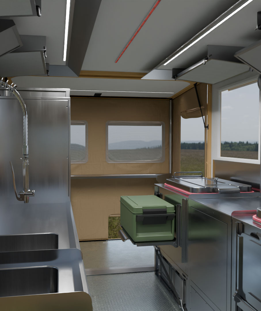 Ausgeklapptes Tray am Küchenmodul: Möglichkeit für das Abstellen der Transportmodule